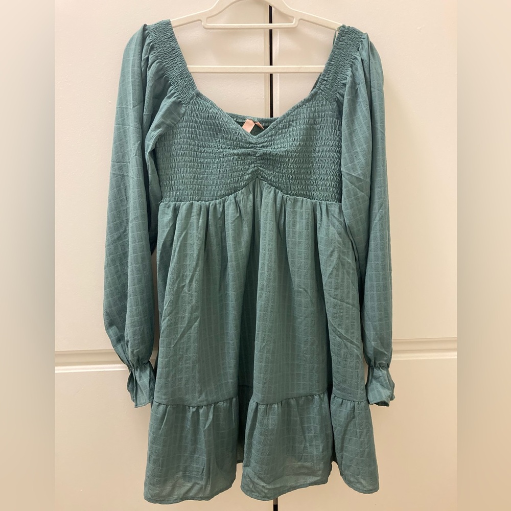 Size M Long  Sleeve Smocked Empire Tiered Mini Dress holiday party dress